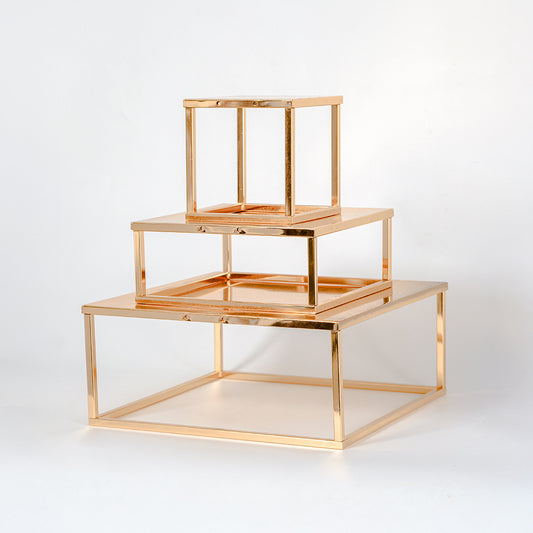 Luxury Gold-Plated Square Cake Stand - Elegant Wedding Dessert Tray, Birthday Cake Display Stand, Bakery Cupcake Holder, Vintage Anniversary Party Decor (3-Tier)