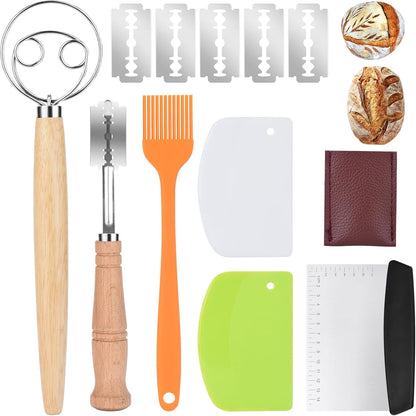 Banneton Bread Proofing Basket Set, 9 Inch Round Sourdough Starter Kit, Baking Supplies Tools with Dough Whisk, Scoring Lame, and Other Accessories for Artisan Bread Making