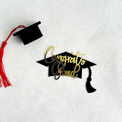 Congrats Grad 2025 Cake Topper, Glitter Graduation Party Decorations for High School College Graduates, Black and Gold
