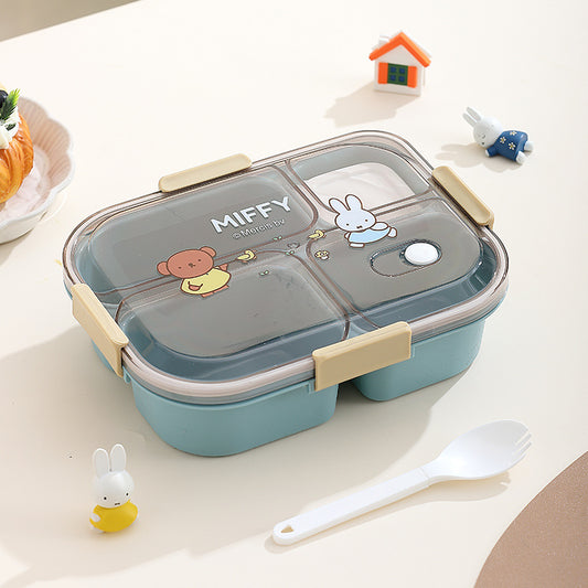 Official Miffy Lunch Box Set - 4-Compartment Microwave Safe Bento for Adults/Students (BPA-Free Plastic + Cutlery)