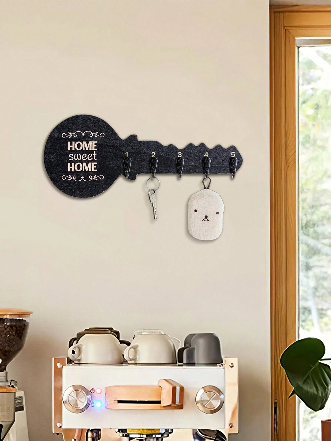 1pc Creative Minimalist Wall-Mounted Key-Shaped Decorative Hook, Novelty Wooden Panel With Small Iron Hooks Design, Key/Hanging Decor/Necklace Storage Holder