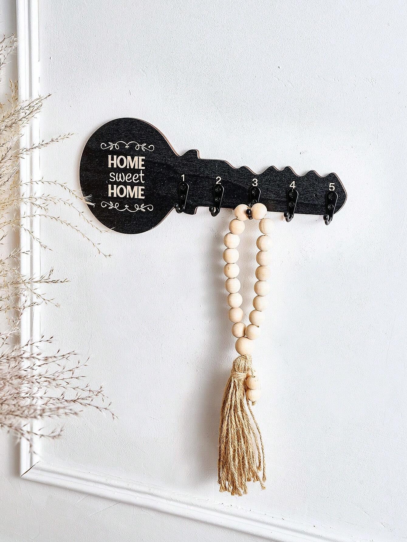 1pc Creative Minimalist Wall-Mounted Key-Shaped Decorative Hook, Novelty Wooden Panel With Small Iron Hooks Design, Key/Hanging Decor/Necklace Storage Holder
