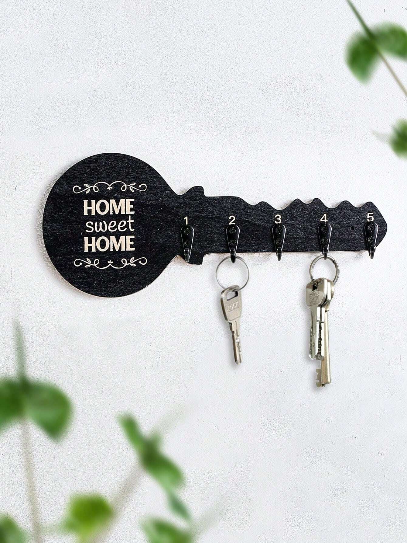 1pc Creative Minimalist Wall-Mounted Key-Shaped Decorative Hook, Novelty Wooden Panel With Small Iron Hooks Design, Key/Hanging Decor/Necklace Storage Holder