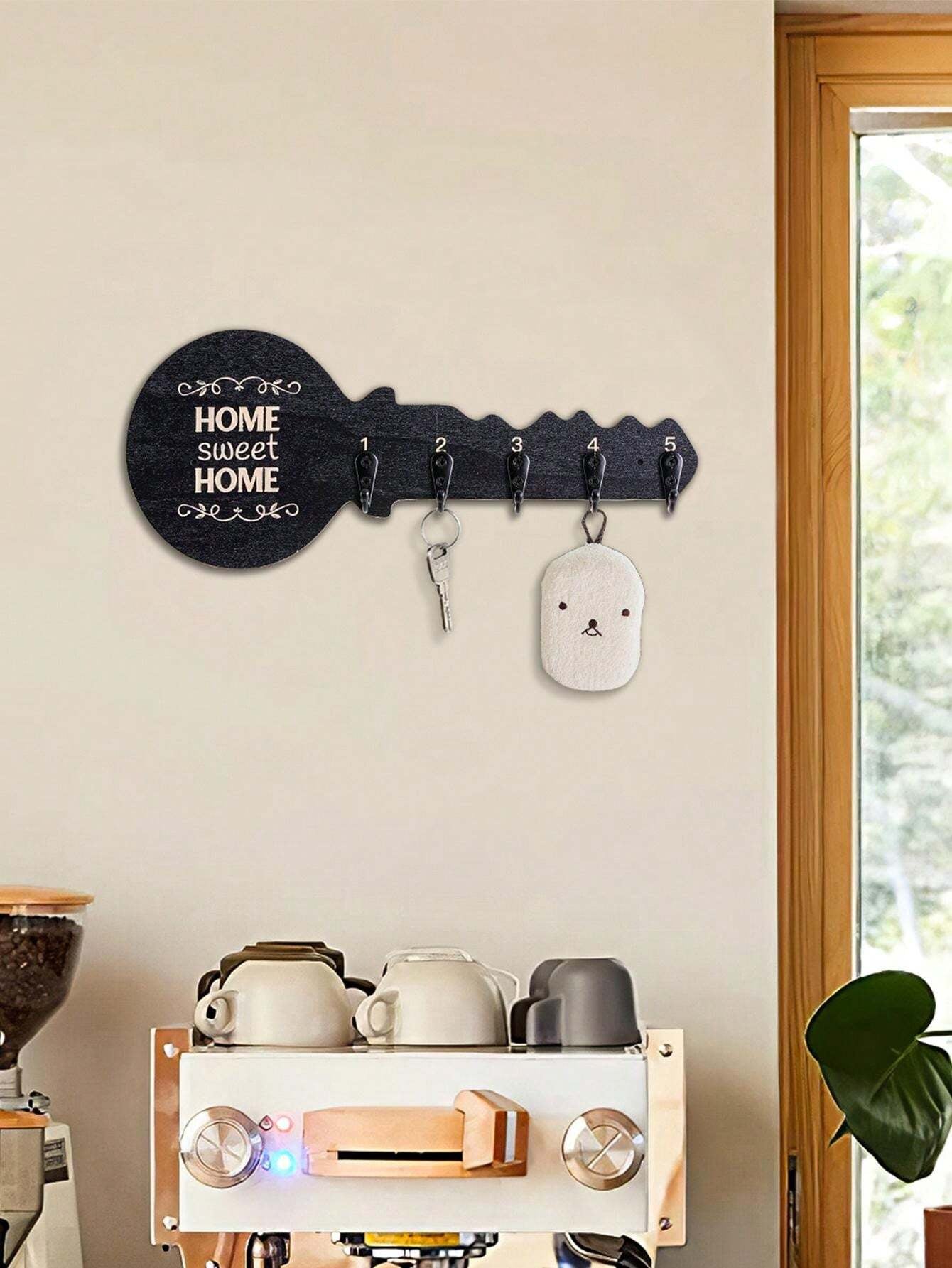 1pc Creative Minimalist Wall-Mounted Key-Shaped Decorative Hook, Novelty Wooden Panel With Small Iron Hooks Design, Key/Hanging Decor/Necklace Storage Holder