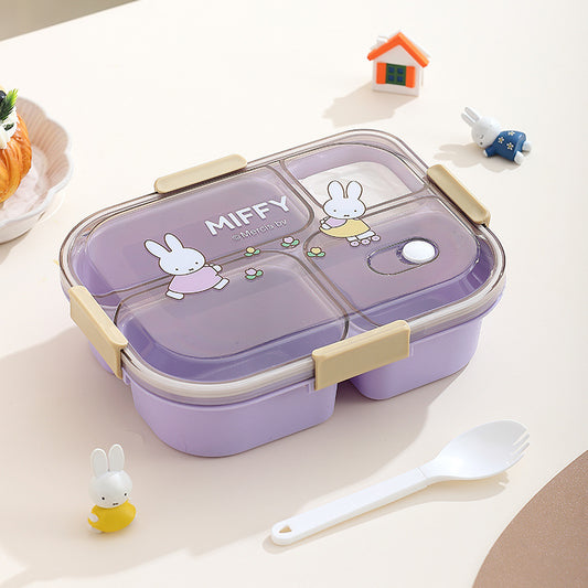 Official Miffy Lunch Box Set - 4-Compartment Microwave Safe Bento for Adults/Students (BPA-Free Plastic + Cutlery)