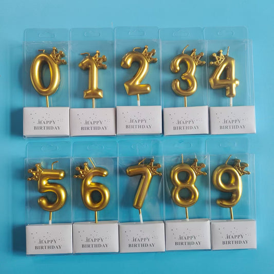 Royal Celebration Candle Set - Golden Crown-Shaped Number Toppers (0-9)