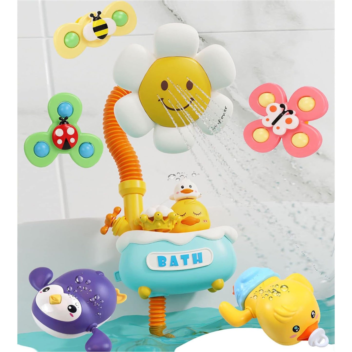 Baby Bath Toy with Shower Head and 2 Wind-Up Swimming Toys, 3 Little Bath Toys Sunflower Water Spray Squirt Shower Faucet and Bathtub Water Pump Summer Essentials for Toddlers Age 1-3