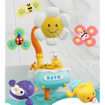 Baby Bath Toy with Shower Head and 2 Wind-Up Swimming Toys, 3 Little Bath Toys Sunflower Water Spray Squirt Shower Faucet and Bathtub Water Pump Summer Essentials for Toddlers Age 1-3