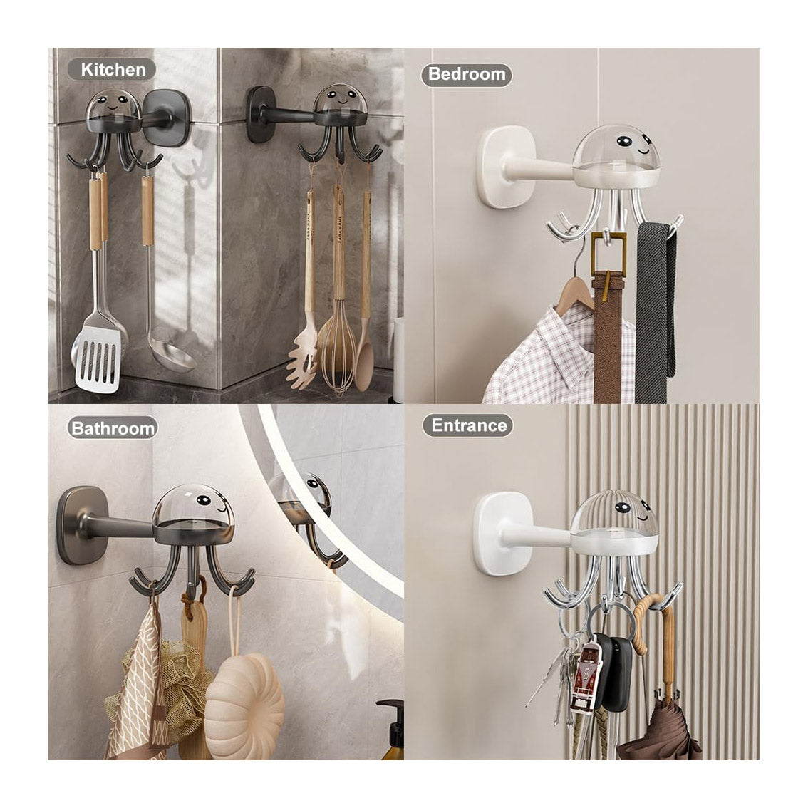 2 Pack Kitchen Utensil Hangers with 6 Hooks - 360° Rotating Kitchen Hooks Utensil Rack Organizer Wall Mounted Drilling Free (Dark Grey)