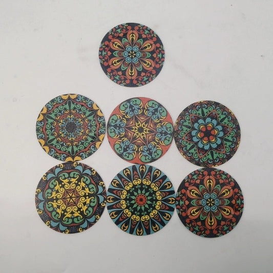 Mandala Drink Coasters with Holder - 7 Set Ceramic Boho Coaster for Drinks Absorbent with Cork Base and Black Holder - Coasters for Coffee Table Apartment Wooden Bar Mugs Glasses Cup Beer