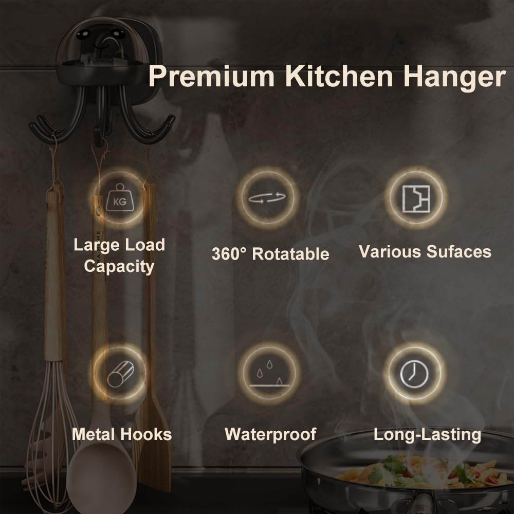 2 Pack Kitchen Utensil Hangers with 6 Hooks - 360° Rotating Kitchen Hooks Utensil Rack Organizer Wall Mounted Drilling Free (Dark Grey)