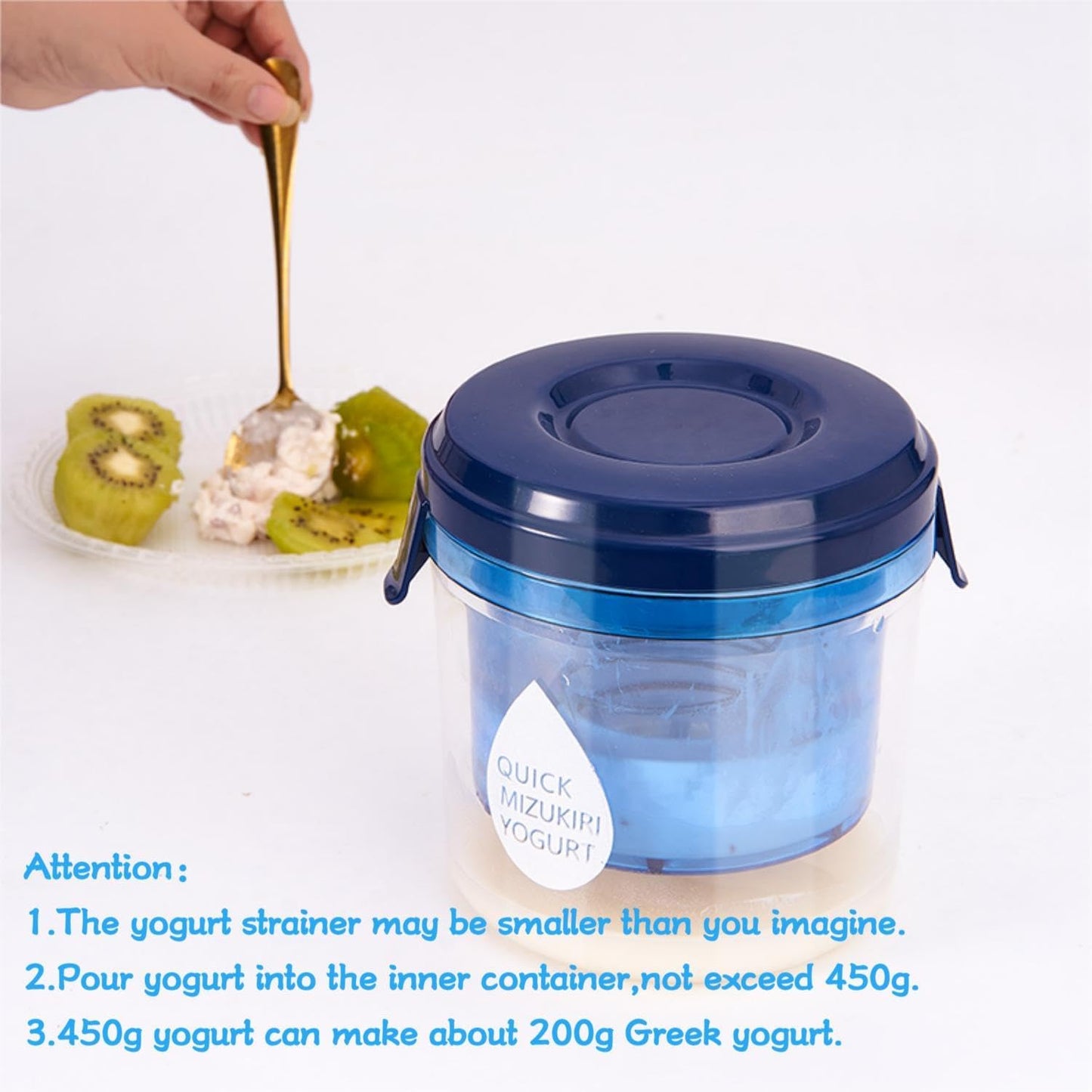 Generic Greek Yogurt Strainer with Lid.Yogurt Filter with Ultra Fine Mesh,to Makes small batches(450g) of Thick Creamy Greek or Coconut Yogurt, 5.12 5.12 5.12inch, Clear and bule