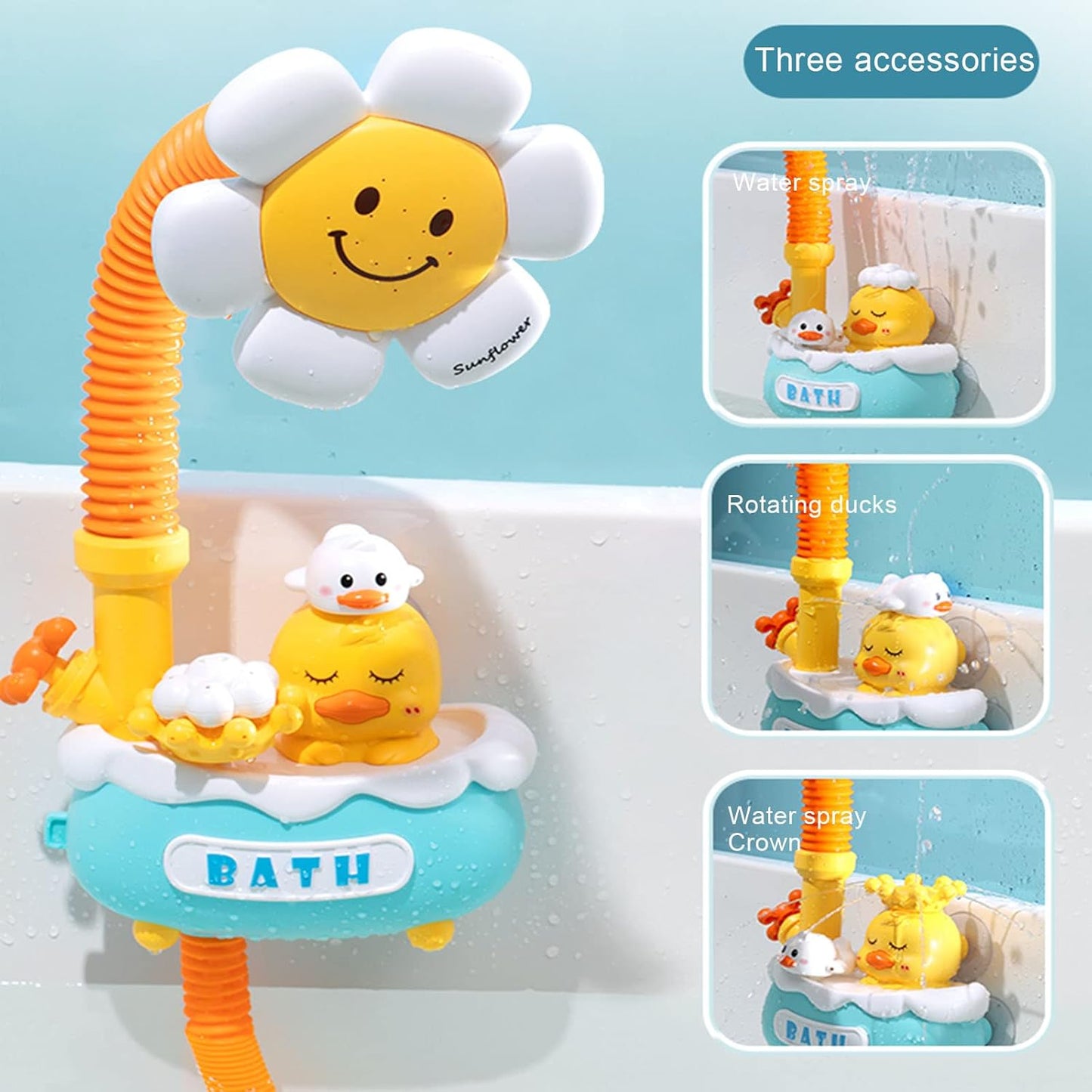 Baby Bath Toy with Shower Head and 2 Wind-Up Swimming Toys, 3 Little Bath Toys Sunflower Water Spray Squirt Shower Faucet and Bathtub Water Pump Summer Essentials for Toddlers Age 1-3