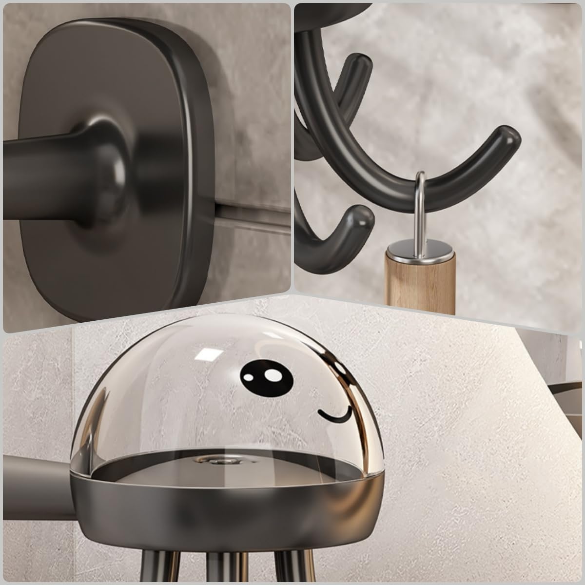 2 Pack Kitchen Utensil Hangers with 6 Hooks - 360° Rotating Kitchen Hooks Utensil Rack Organizer Wall Mounted Drilling Free (Dark Grey)