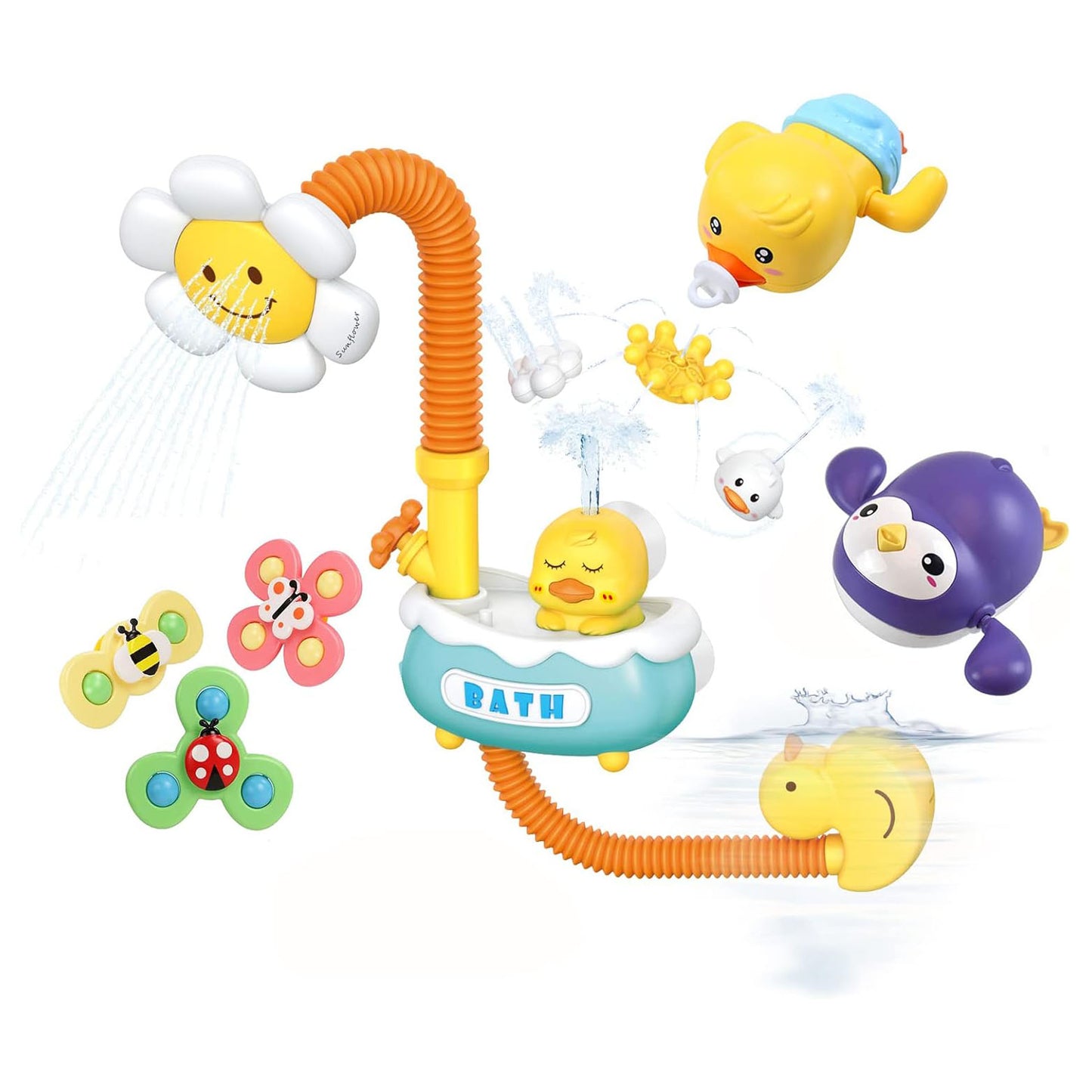 Baby Bath Toy with Shower Head and 2 Wind-Up Swimming Toys, 3 Little Bath Toys Sunflower Water Spray Squirt Shower Faucet and Bathtub Water Pump Summer Essentials for Toddlers Age 1-3
