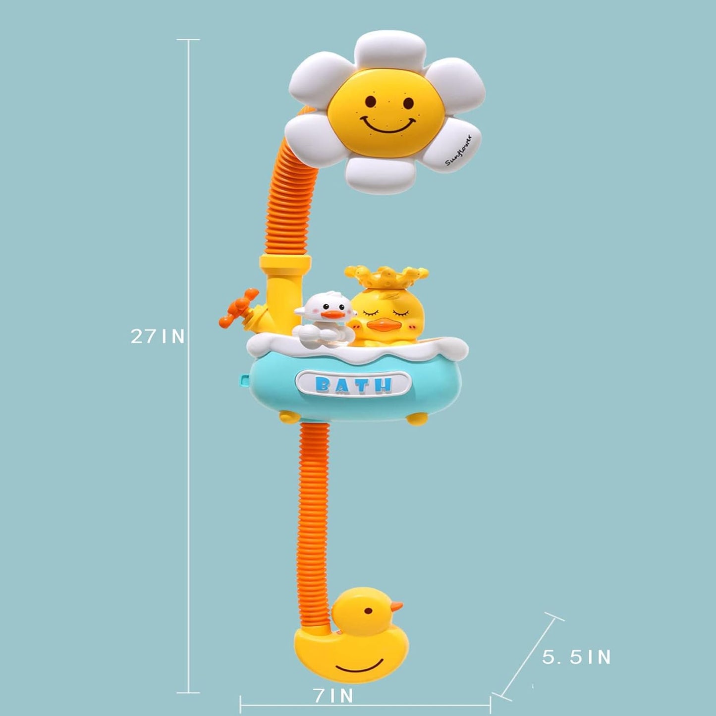 Baby Bath Toy with Shower Head and 2 Wind-Up Swimming Toys, 3 Little Bath Toys Sunflower Water Spray Squirt Shower Faucet and Bathtub Water Pump Summer Essentials for Toddlers Age 1-3