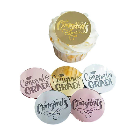Congratulations Graduation Cupcake Toppers, Round Acrylic Happy Graduation Cake Topper 2025 Mirror Charm Cake Decorations for Ceremony