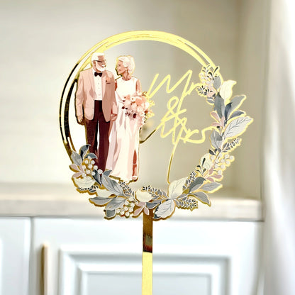 Mr & Mrs Cake Topper - Wooden Leaves Wreath Wedding Cake Toppers Bride and Groom Party Cake Decorations Supplies