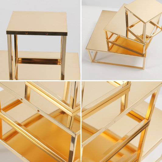 Luxury Gold-Plated Square Cake Stand - Elegant Wedding Dessert Tray, Birthday Cake Display Stand, Bakery Cupcake Holder, Vintage Anniversary Party Decor (3-Tier)